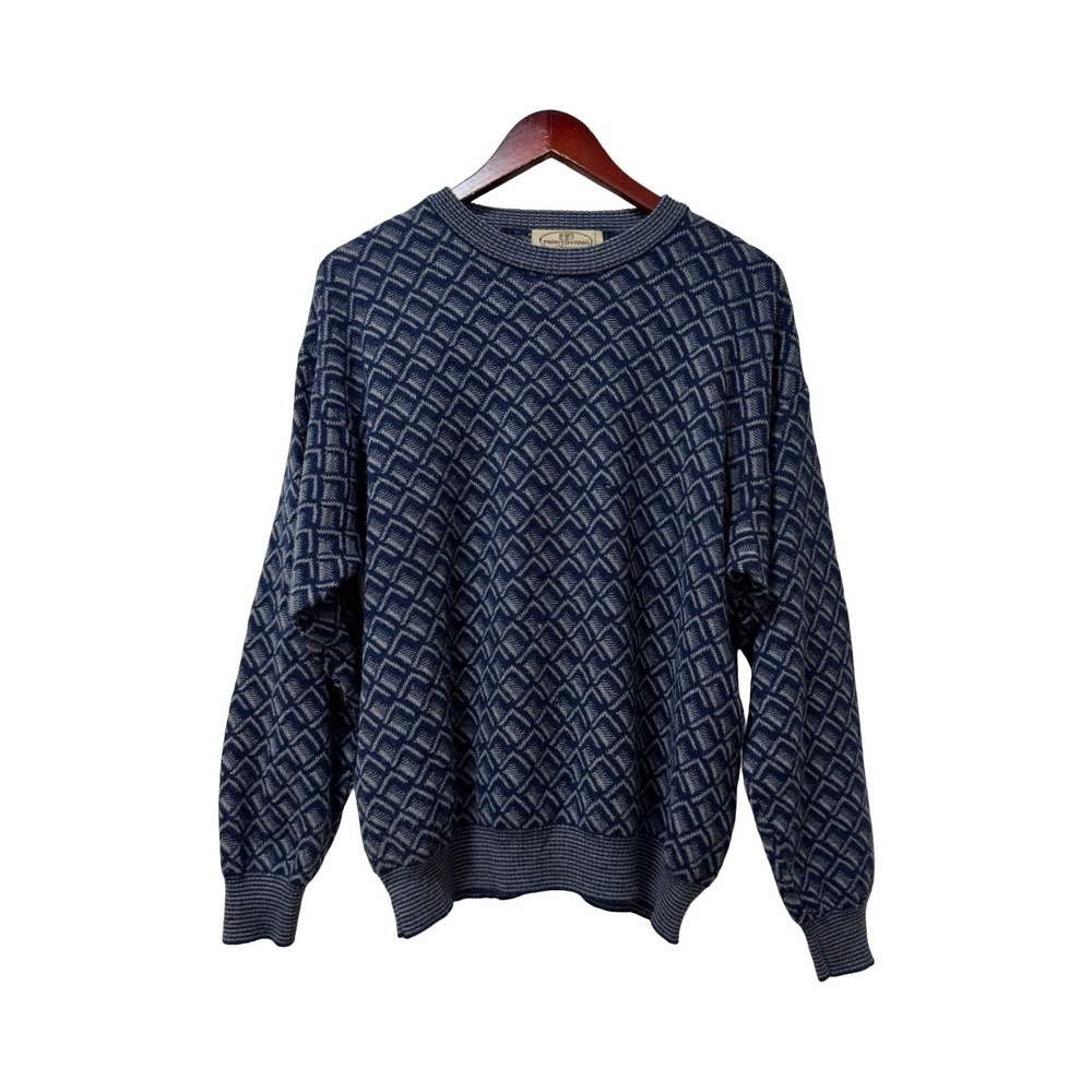 VTG Pronto Uomo Mens Merino Wool Abstract Pullover Sweater Size M Blue Dadcore